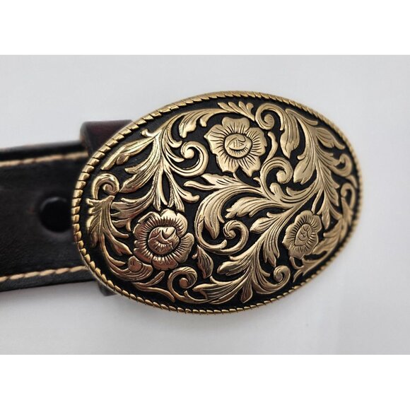 VTG Texco Handmade Western Leather Belt W/Floral Brass Buckle - Sz 32 main image 4